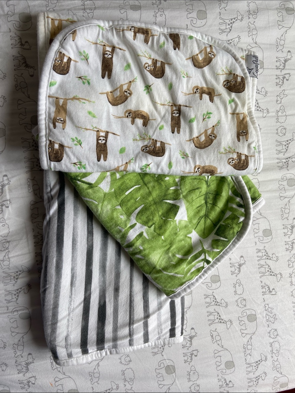 Copper Pearl Sloth Print Baby Burp Cloths Pack - Green Leaf & Gray Stripe